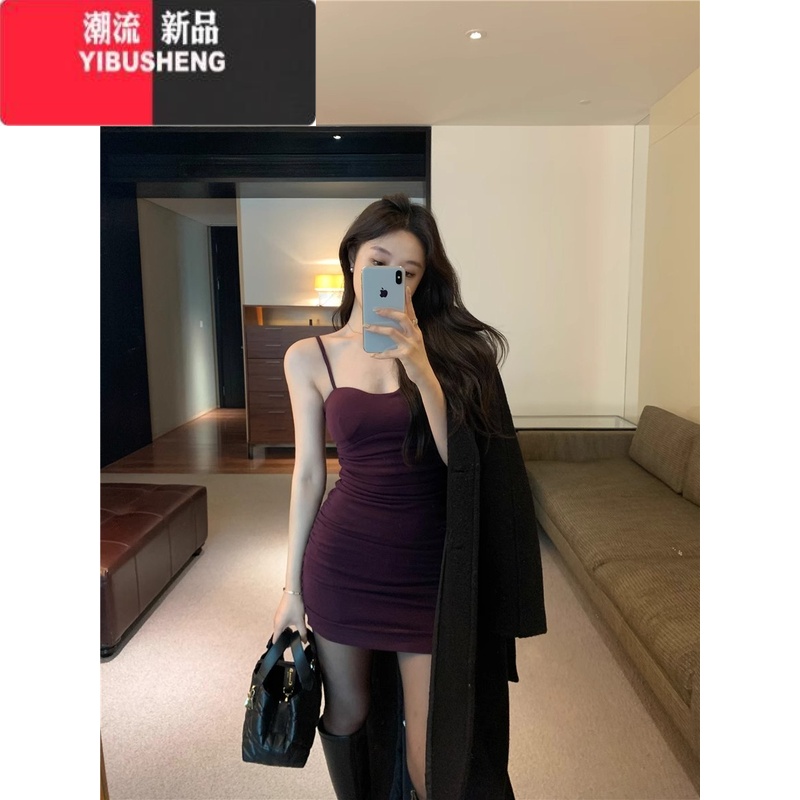 YIBUSHENG法式气质辣妹性感紫色吊带连衣裙女季带胸垫收腰紧身包臀短裙子