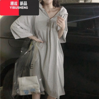 YIBUSHENG胖MM300斤连衣裙女2024季新款韩版宽松显瘦七分袖连帽中长款裙