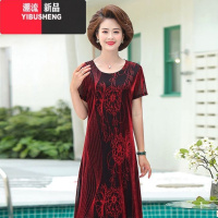 YIBUSHENG中老年妈妈装印花连衣裙2024季新款大码宽松短袖遮肚时尚中长裙