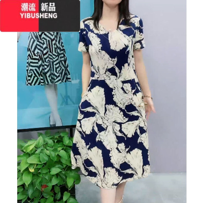 YIBUSHENG透气时尚连衣裙季新款妈妈装大码遮肉显瘦中长款裙子