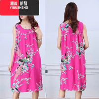 YIBUSHENG中老年睡裙大码宽松棉绸人造棉妈妈睡衣女绵绸无袖家居服连衣裙
