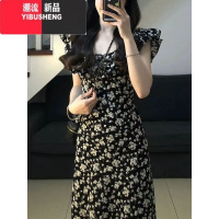 YIBUSHENG法式方领小飞袖连衣裙女气质碎花裙子高级感温柔风甜美收腰长裙