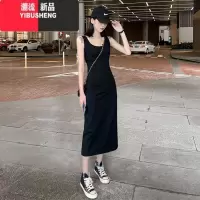 YIBUSHENG黑色复古连衣裙内搭打底裙2023春秋气质修身显瘦背心裙法式长裙