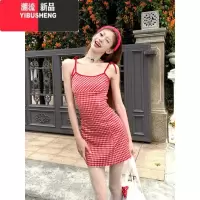 YIBUSHENG度假风吊带连衣裙女春季百搭显瘦中长裙设计感红色格子露背A字裙