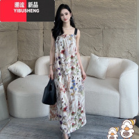 YIBUSHENG杏色轻奢长裙印花2024女款季缎料无袖气质时尚宽松遮肚子连衣裙