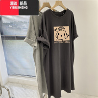YIBUSHENG短袖t恤裙子女装季衣服胖mm大码遮肚子长裙休闲过膝连衣裙
