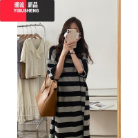 YIBUSHENG韩版宽松条纹懒人长裙2022季新款套头短袖长款T恤连衣裙