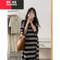 YIBUSHENG韩版宽松条纹懒人长裙2022季新款套头短袖长款T恤连衣裙