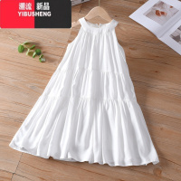 YIBUSHENG法式茶歇气质母女季挂脖沙滩裙海边度假可扎染白色连衣裙