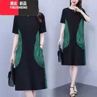 YIBUSHENG季新款遮肉显瘦拼接连衣裙时尚大码宽松胖mm洋气减龄中长款裙子