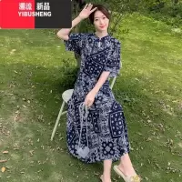 YIBUSHENG人造棉绸连衣裙女季薄款新中式国风复古旗袍民族风收腰碎花裙子