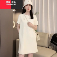 YIBUSHENG港风时髦刺绣字母圆领纯色T恤裙子女季新款气质显瘦连衣裙高级