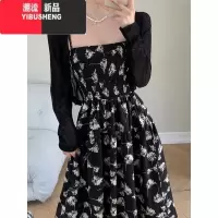 YIBUSHENG大码法式复古收腰遮肚吊带连衣裙胖mm黑色防晒开衫碎花裙子两件套