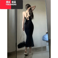 YIBUSHENG纯欲风性感黑色吊带连衣裙女2024新款辣妹挂脖修身大露背长裙子