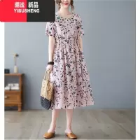 YIBUSHENG大摆口袋a型印花棉绸连衣裙女抽绳宽松遮肉妈妈中年短袖显瘦长裙