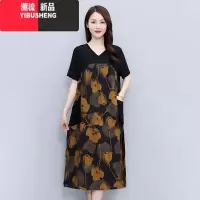 YIBUSHENG妈妈装款遮肚子显瘦连衣裙2024新款大码中长裙拼接印花短袖裙子
