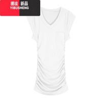 YIBUSHENG白色小飞袖v领T恤连衣裙女季小个子辣妹褶皱紧身收腰包臀短裙子