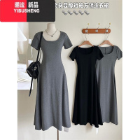 YIBUSHENG法式带胸垫垂感短袖连衣裙女2024季新款收腰显瘦过膝大摆长裙子