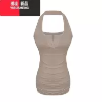 YIBUSHENG纯欲性感挂脖露背背心连衣裙气质收腰褶皱紧身包臀裙短裙子女装