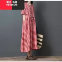 YIBUSHENG2024季新款韩版宽松大码女装时尚不规则拼接棉麻格子短袖连衣裙
