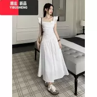 YIBUSHENG法式白色飞飞袖连衣裙女季设计感镂空气质收腰显瘦初恋长款裙子
