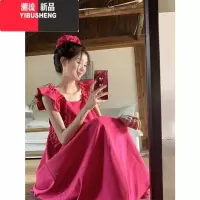 YIBUSHENG法式木耳边飞飞袖玫红色方领连衣裙女季海边度假宽松显瘦长裙子
