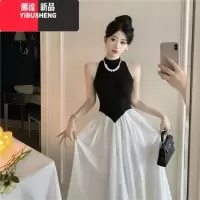 YIBUSHENG赫本风无袖挂脖连衣裙子女季小个子高级感气质收腰显瘦背心长裙