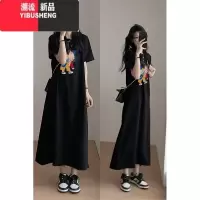 YIBUSHENG季胖mm大码女装遮肚子看黑色连衣裙女圆领短袖长款t恤