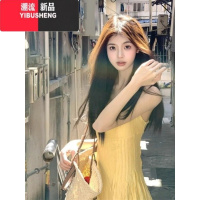 YIBUSHENG温柔风甜美法式气质无袖吊带连衣裙女收腰显瘦方领海边度假长裙