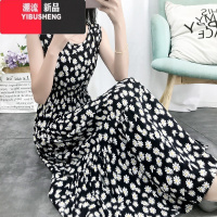 YIBUSHENG2024年大摆波西米亚小雏菊裙子女季收腰大码长裙无袖棉绸连衣裙