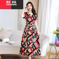 YIBUSHENG年轻高端绸连衣裙女2024新款天中年气质妈妈格子长裙有口袋
