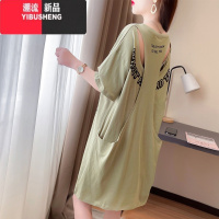 YIBUSHENG短袖t恤女韩版百搭宽松中长款假两件露背半袖上衣过膝连衣裙子