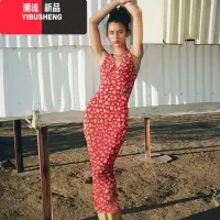 YIBUSHENG 法式复古风时尚无袖碎花连衣裙欧美辣妹深v露背修身长裙