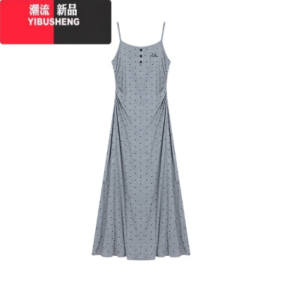 YIBUSHENG气质复古波点吊带连衣裙女装季褶皱收腰显瘦A字裙长裙