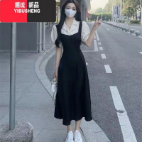 YIBUSHENG法式温柔风拼接假两件短袖连衣裙女季新款学院风收腰显瘦中长裙