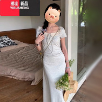 YIBUSHENG法式方领连衣裙子女季2024新款小个子梨形身材修身显瘦气质长裙