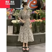 YIBUSHENG季新款法式温柔蛋糕裙韩系收腰黑色小碎花V领连衣裙长款裙子女