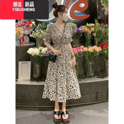 YIBUSHENG季新款法式温柔蛋糕裙韩系收腰黑色小碎花V领连衣裙长款裙子女