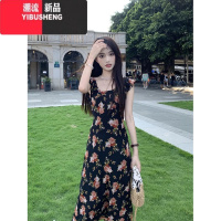 YIBUSHENG温柔风黑色碎花小飞袖连衣裙女季设计感小众收腰显瘦A字长裙子