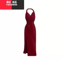YIBUSHENG大码女装早气质战袍红色挂脖吊带连衣裙女胖mm百搭显瘦长裙子