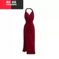 YIBUSHENG大码女装早气质战袍红色挂脖吊带连衣裙女胖mm百搭显瘦长裙子