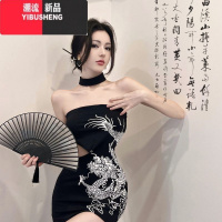 YIBUSHENG美式设计感龙纹印花抹胸连衣裙女季辣妹性感拼接包臀中长裙子潮