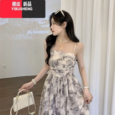YIBUSHENG纯欲风干枯玫瑰碎花裙女季新款法式收腰吊带高级感修身连衣裙女