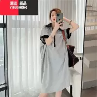 YIBUSHENG季新款大码宽松胖MM2-300斤polo领T恤中长款宽松短袖撞色连衣裙