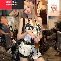 YIBUSHENG美式甜辣妹印花吊带连衣裙女季亚比y2k小众收腰修身显瘦短裙子