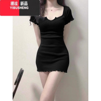 YIBUSHENG辣妹蓝色v领短袖t恤连衣裙女季小个子修身性感包臀a字短裙裙子