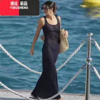 YIBUSHENG 时尚露背弹力网纱度假长裙性感低胸吊带欧美辣妹连衣裙女