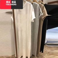 YIBUSHENG季胖mm300斤大码纯色圆领休闲短袖T恤中长款宽松过膝休闲连衣裙