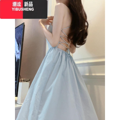 YIBUSHENG法式露背挂脖吊带连衣裙子女季高级感气质收腰海边度假仙女长裙