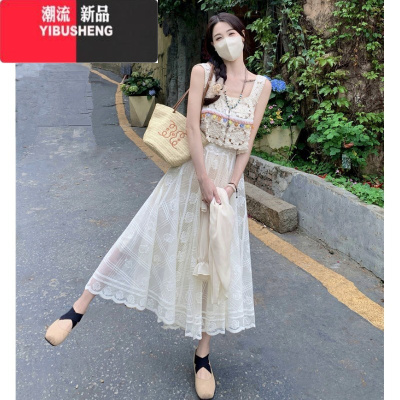 YIBUSHENG今年流行漂亮套装裙法式连衣裙吊带镂空背心+装搭配一整套长裙